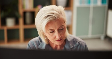 Poster - Mature woman, computer and planning in office, CEO and professional for solution at startup company. Female person, employee and pc for proposal at workplace, check email and online for networking