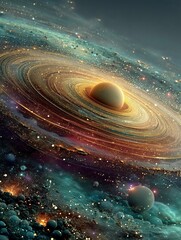 Wall Mural - exoplanet, other galaxies, sci-fi worlds, rings of debris surrounding a planet. universes. ai genera
