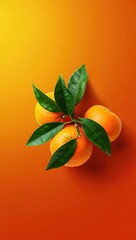 Poster - A bunch of oranges with green leaves on an orange background.