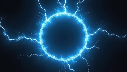 Poster - electric blue hologram circle with lightning flashes on black background. plasma portal layer overla
