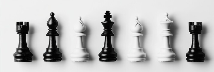 Aufkleber - Top-down view of black and white chess pieces arranged neatly on a white board during a strategic game
