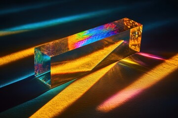 Poster - Light fractures through a transparent prism creating a rainbow of colors on a surface