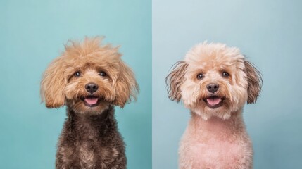 Aufkleber - Dog before and after grooming showing a playful contrast between messy and clean fur while smiling brightly against a blue background