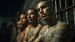 © Adriana - Defiant serious Group of hispanic tattooed gang member inmates posing in jail looking at camera