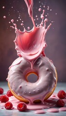 Poster - A glazed donut with raspberries on top is being squirted with pink frosting from a bottle, creating a splash effect.