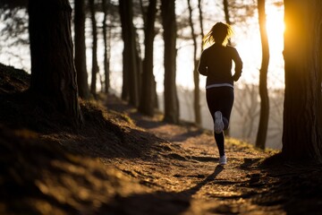 Poster - A fit woman ascends a wooded trail at sunrise, surrounded by trees and bathed in golden light, embracing the invigorating morning atmosphere Generative AI