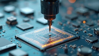 Poster - Robotic arm inspecting microchip circuit board, showcasing advanced tech. Precision engineering, automation, manufacturing, material science. Smart tech innovations digital technology components.