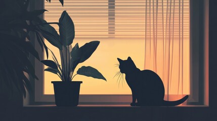 Leinwandbilder - Warm cozy indoor setting with plants and a cat silhouette near a window during the evening light