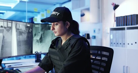 Poster - Surveillance, watching and woman with footage, screen and patrol log for observation in control room. Inspection, security guard and person with documents for safety, digital and service with info