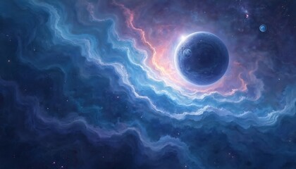 Wall Mural - abstract illustration of planets in space. purple, blue colors cosmic nebula clouds, stars, galaxies
