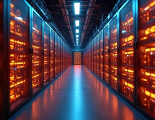 Leinwandbilder - server room data center in tunnel. rows of server racks with orange lights. infrastructure, cloud co