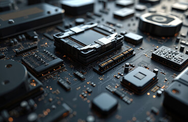 Poster - Close-up illustration of cyber robot armor digital motherboard with microchips. High-tech tech, mining cryptocurrency, crypto-bitcoin, ether. Futuristic design, tech background, computer technology,