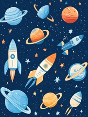 Poster - Exploration of a galaxy filled with rockets, planets, and UFOs on a deep blue background