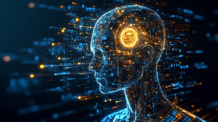 Poster - AI concept illustrating a futuristic humanoid figure with glowing circuits and connected networks representing technology : Generative AI