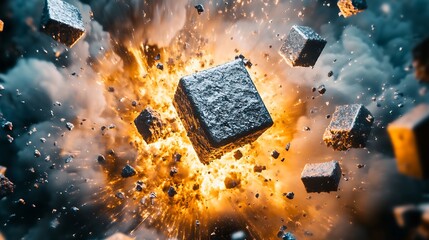 Aufkleber - Dynamic Explosion of Abstract Rocks Illustrating Powerful Energy and Motion Amidst Dramatic Smoke : Generative AI