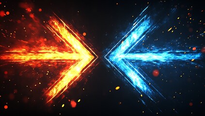 Poster - Dynamic clash of fire and ice arrows represented in vibrant explosion effects on a dark background : Generative AI