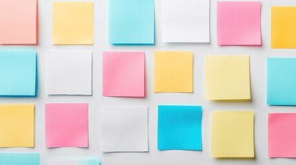 Poster - Colorful sticky notes and paper tabs neatly arranged on a white desk background showcase an organized workspace perfect for productivity and creativity