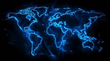Poster - Artistic representation of a glowing world map illuminated with electric blue light in a creative digital style : Generative AI