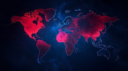 Poster - Stylized world map in red hues on a dark background depicting global data connections and technology's reach : Generative AI