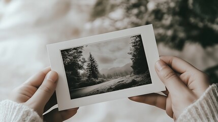 Poster - Hands holding a vintage photograph of a peaceful forest landscape representing nostalgia and nature : Generative AI