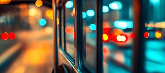 Poster - Urban bus interior capturing vibrant night lights with blurred cars and reflections through the glass window : Generative AI