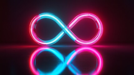 Aufkleber - A neon infinity symbol glowing with pink and blue light reflected on a shiny dark surface background