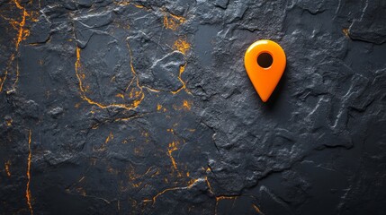 Poster - Orange location pin on a dark textured surface with yellow lines running through the rock face design
