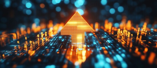 Poster - Futuristic glowing arrow symbolizing digital progress among vibrant blue and orange lights on a technology background : Generative AI