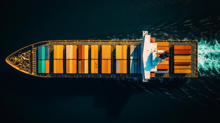 Poster - High angle shot of a commercial cargo vessel moving through ocean waves carrying colorful freight : Generative AI