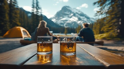 Poster - Relaxing camping scene with beverages and stunning mountain view inviting the spirit of adventure : Generative AI