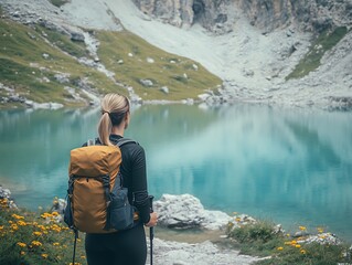 Poster - Young woman enjoying peaceful mountain scenery near a lake surrounded by vibrant flowers : Generative AI