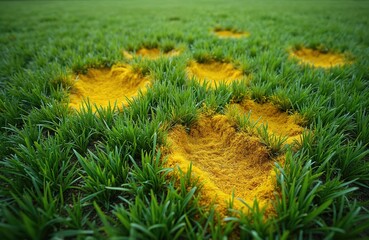 yellow spots on green mowed lawn after winter. lawn disease, plant fungus. gardener treatment care c
