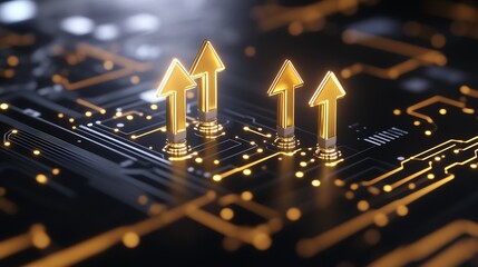Poster - Abstract Digital Circuit Design with Golden Arrows Signifying Progress and Growth : Generative AI
