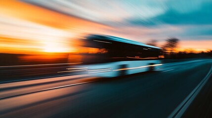 Poster - Capturing the Swift Movement of a Bus on the Highway Against a Sunset Backdrop : Generative AI