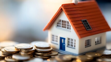 Aufkleber - Miniature house model with coins reflecting investment in property and real estate market : Generative AI
