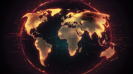 Poster - Stunning illuminated world map depicted in golden hues with network lines representing digital connections on a dark background : Generative AI