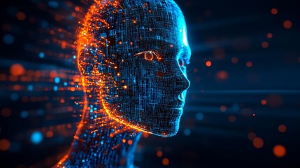 Leinwandbilder - Close Up View of a Surreal Digital Face with a Network of Colorful Light Streams : Generative AI