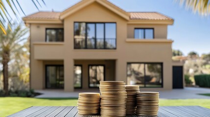 Aufkleber - Modern house exterior with stacked gold coins in the front illustrating smart real estate investment : Generative AI