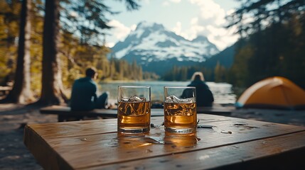 Poster - Idyllic camping experience featuring whiskey glasses and breathtaking mountain scenery for a peaceful retreat : Generative AI