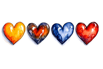 Wall Mural - A set of hand drawn multicolored watercolor hearts, on white background, png, no background, on transparent background, isolated, watercolor illustration for Valentine's Day. 