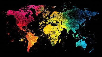 Leinwandbilder - Vibrant Rainbow World Map on Black Background with Artistic Color Splashes and Textured Effect : Generative AI