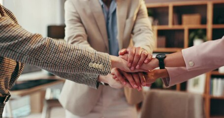Leinwandbilder - Hands stack, support and business people in office, meeting and cooperation for project. Closeup, sales agency or employees in workplace, partnership or synergy with team building or motivation goals