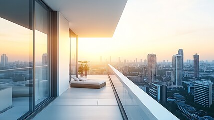 Poster - Modern balcony with panoramic city skyline view during sunset showcasing serene design elements and greenery : Generative AI