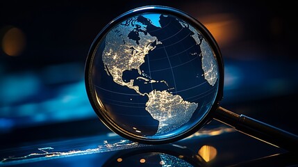 Poster - Magnifying glass revealing bright illuminated map of North America at night : Generative AI