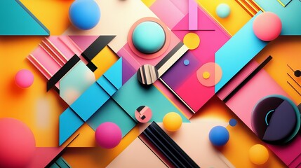 Poster - Geometric arrangement with spheres and shapes in vibrant colors on a yellow background