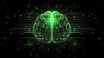 Poster - Glowing green brain circuit board illustration on a dark background with lines and dots design