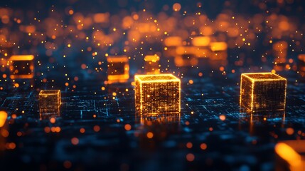 Poster - Glowing cubes floating above a circuit board with bokeh lights in the background creating a tech scene