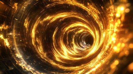 Poster - Abstract golden tunnel with swirling light trails and dark edges creating a vortex effect design