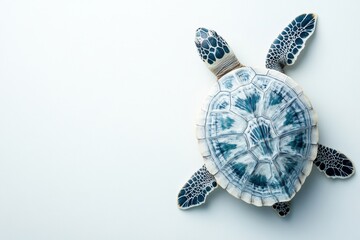 Poster - Top-down view of turtle showcasing intricate shell patterns against a minimalist white background