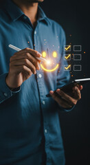 Wall Mural - customer satisfaction survey: glowing smiley face & checklist on phone. happy feedback, online revie